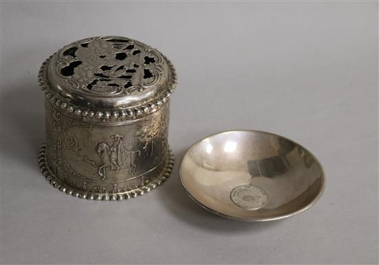 A Dutch silver pomander and an 800 standard sweetmeat dish.